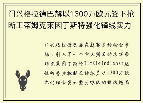 门兴格拉德巴赫以1300万欧元签下抢断王蒂姆克莱因丁斯特强化锋线实力 门兴格拉德巴赫以1300万欧元签下抢断王蒂姆克莱因丁斯特强化锋线实力